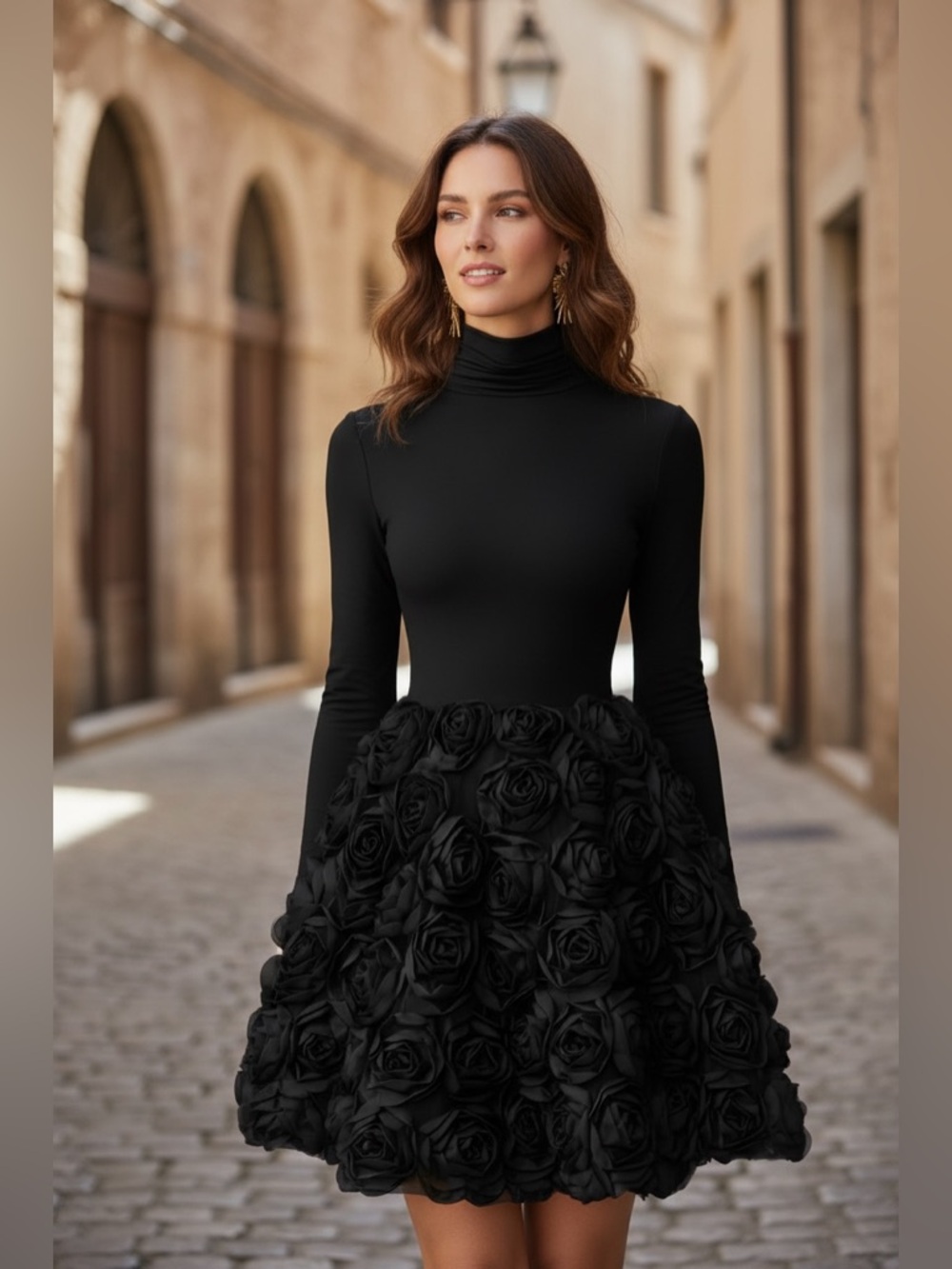 Black Floral Rosette Turtleneck Mini Dress
